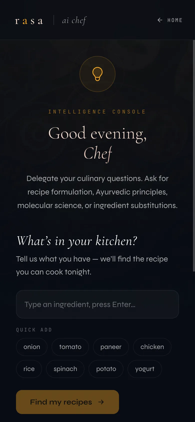 The AI Chef console — tell it what's in your kitchen
