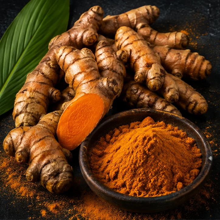 Fresh turmeric roots and golden turmeric powder on dark stone