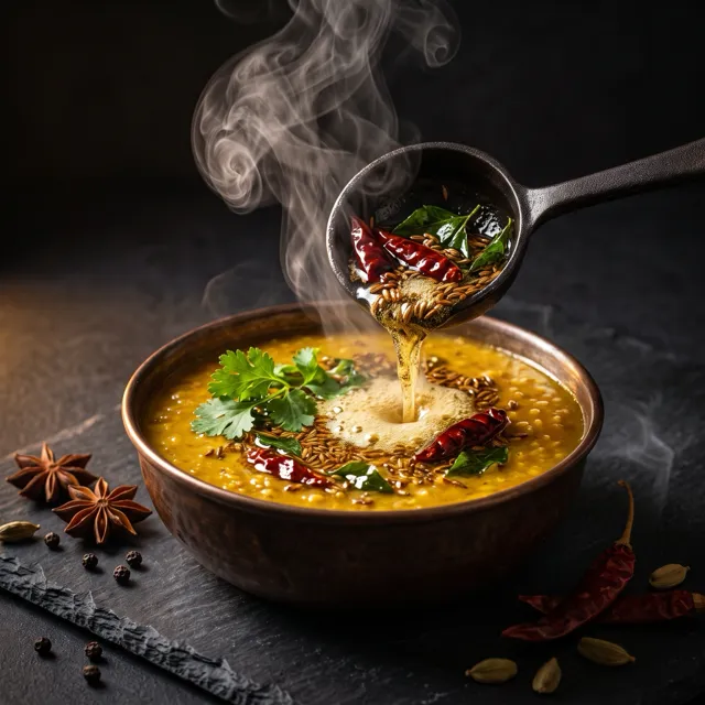 Dal tadka finished with spices and hot ghee