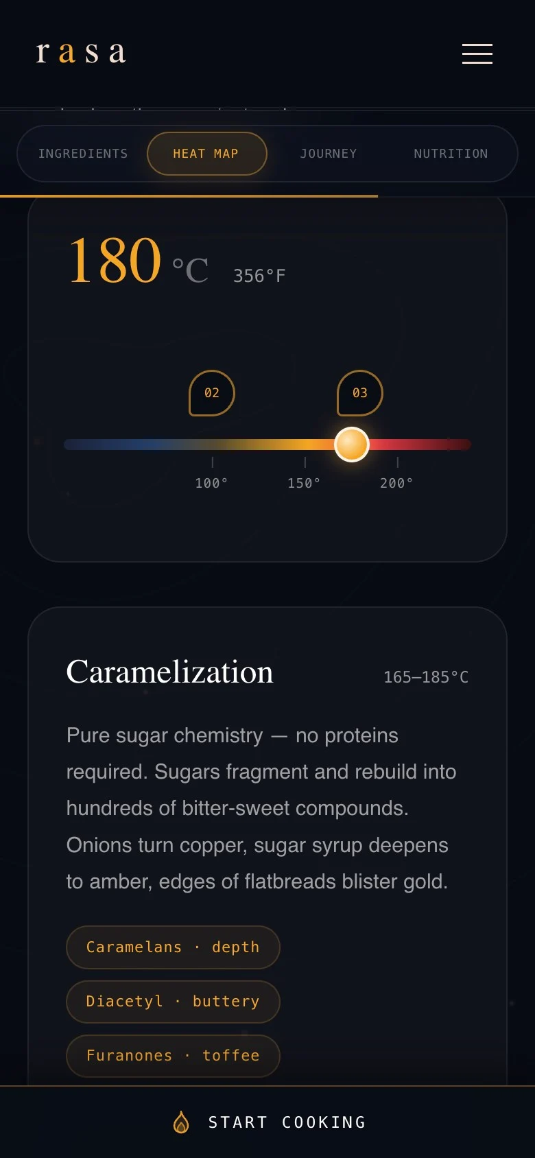 Actual Heat Map screen showing temperature, cooking reactions and recipe step markers