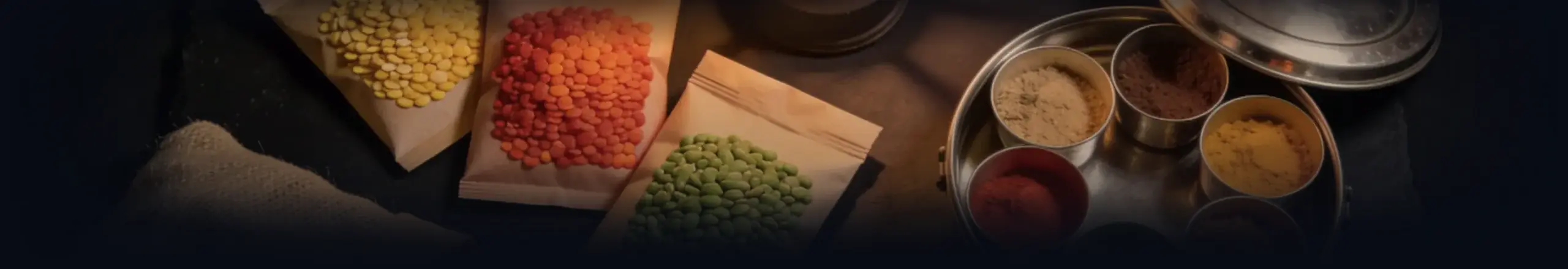 Lentils and a masala dabba on the kitchen counter