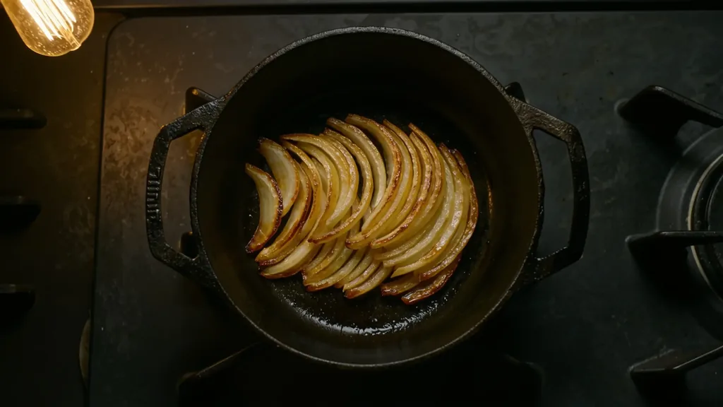 Golden onions browning in a dark skillet